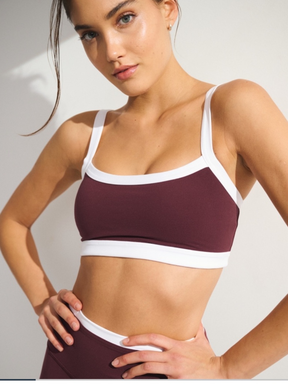 Abercrombie YPB Women's Contrast-Trim Sports Bralette - Burgundy with White Trim